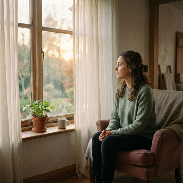 A person sitting peacefully by a window, calm on the outside but deeply reflective within